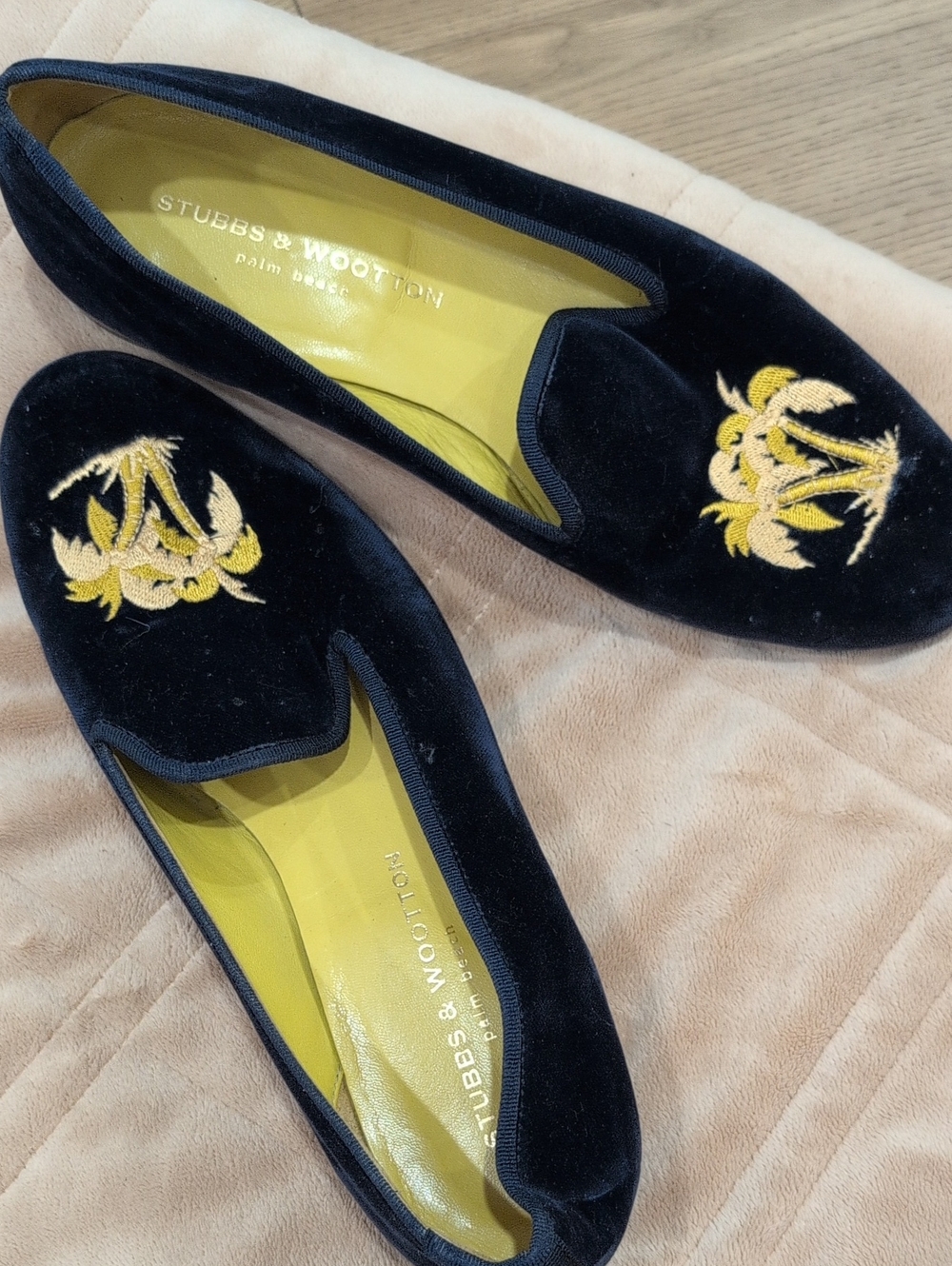 Stubbs & Wootton Navy Velvet Loafers with Yellow Embroidery